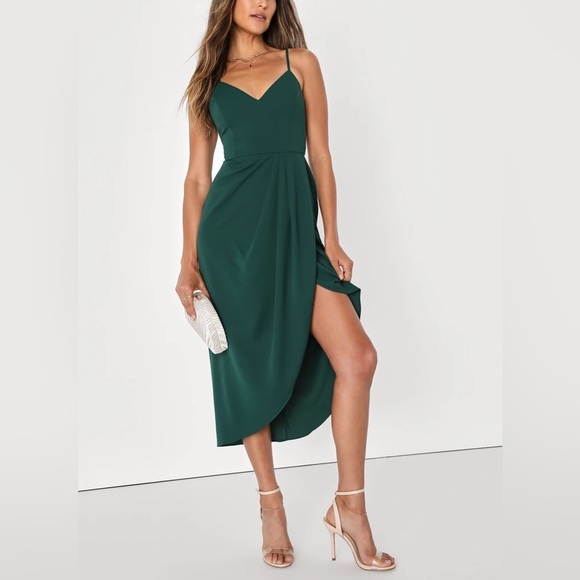 Lulus Reinette Dark Green Spaghetti Strap Tulip Midi Dress Medium Formal Party - Picture 1 of 10